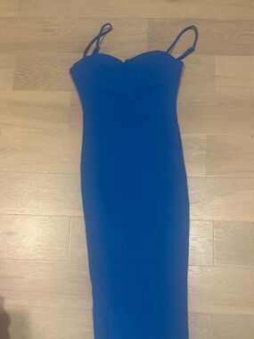 Blue bodycon midi dress with spaghetti straps
